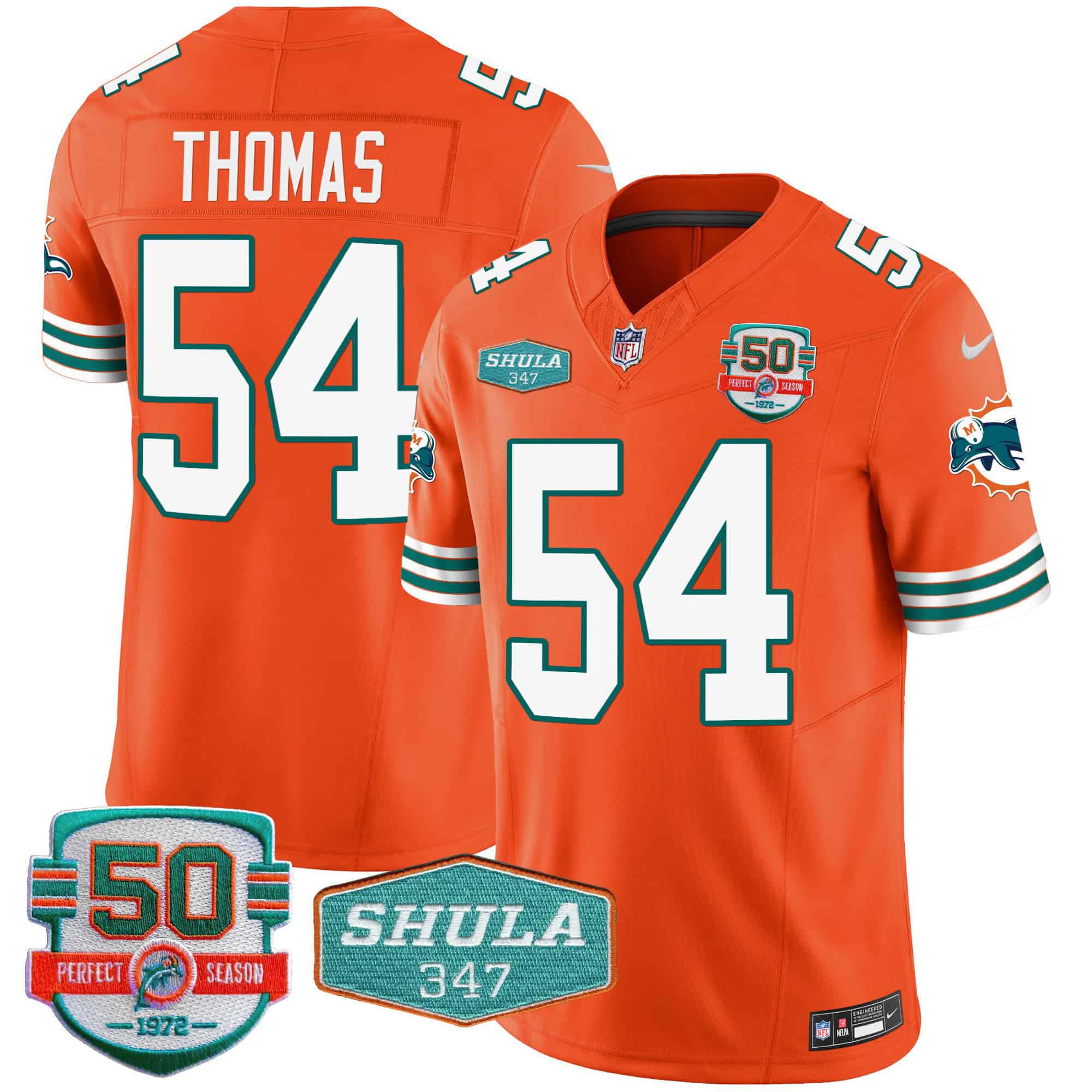 Men Miami Dolphins #54 Thomas Orange 2024 Nike Throwback Shula 347 Patch Vapor NFL Jersey